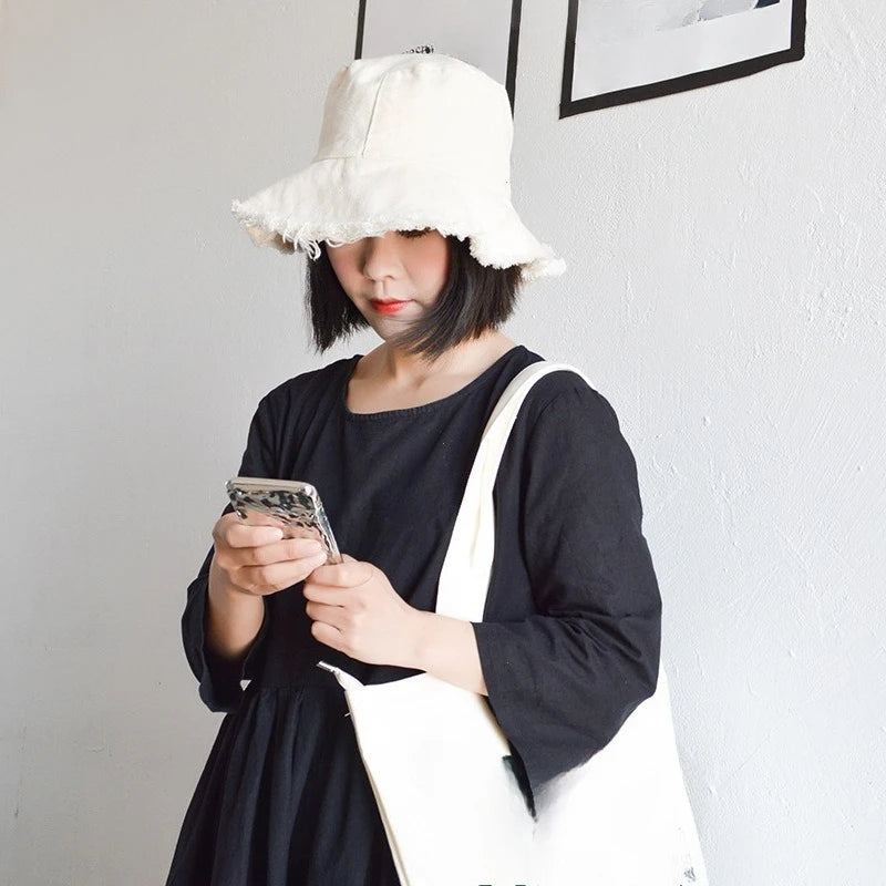 2025 Cotton Fashion Korean Casual Ladies Flat Tassel Bucket Cap