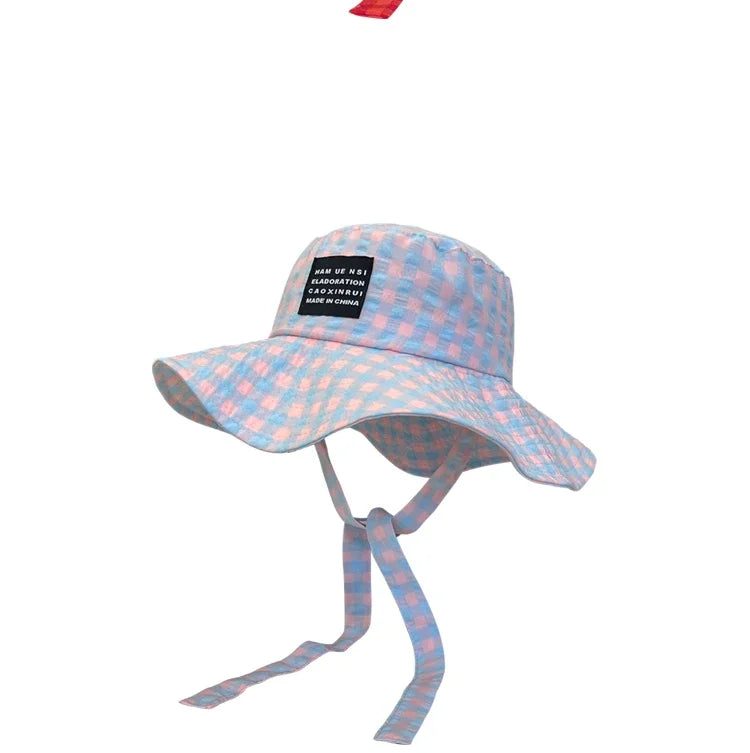 Ins Blogger Retro Plaid Tie Strap Bucket Hat Women