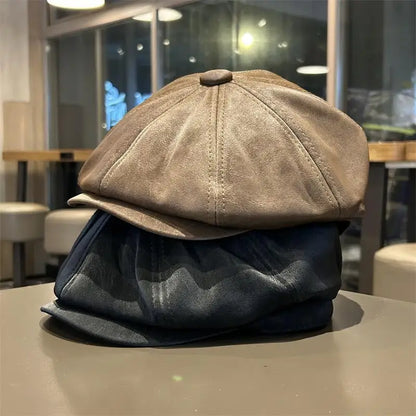 Vintage Distressed Leather Baker Boy Cap