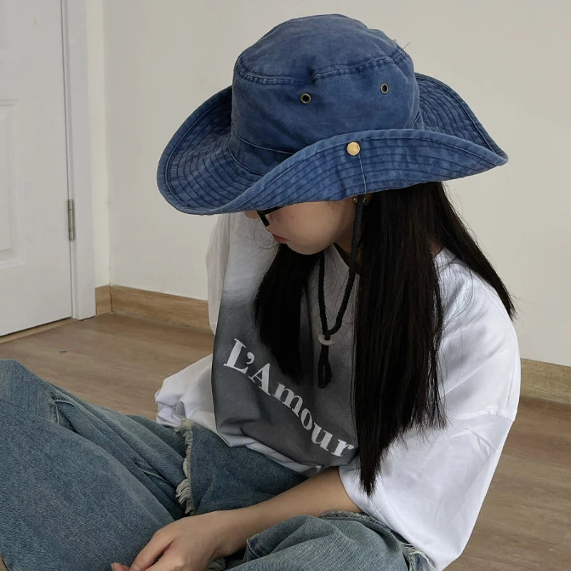 Blue Cowboy Bucket Hat With String Men Denim Beach Sun Hat