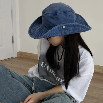 Blue Cowboy Bucket Hat With String Men Denim Beach Sun Hat