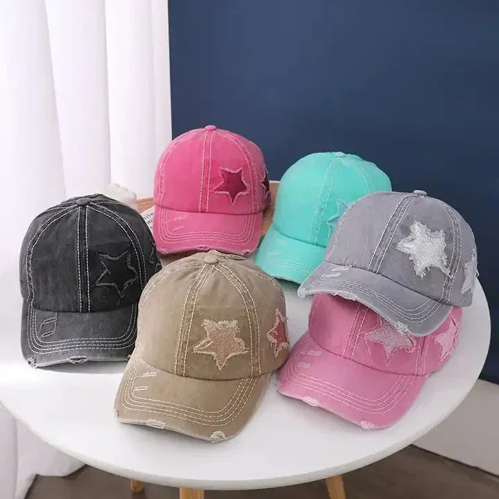 Retro Y2K Star Washed Denim Hole star Baseball cap Hats
