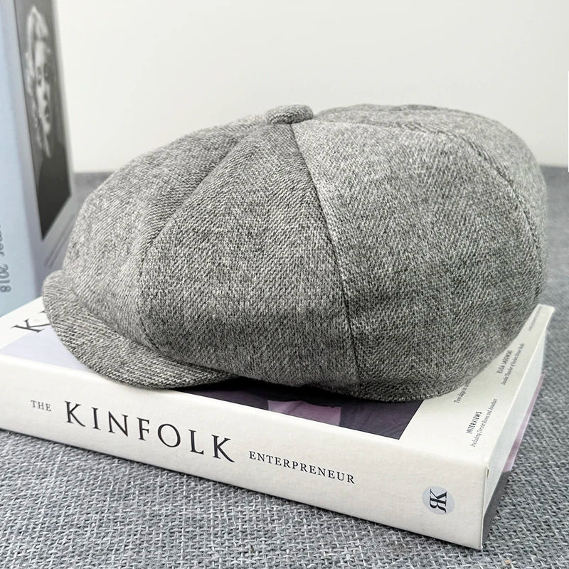 Men Hats Gray Octagonal Cap Vintage Woolen Newsboy Caps