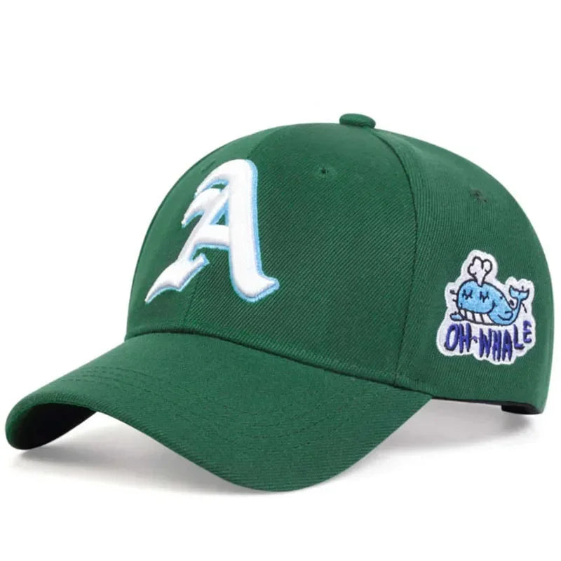 Unisex Gothic Letter A Side Whale Embroidery Baseball Caps Spring and Autumn