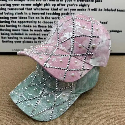 Unisex Retro Versatile Tie-Dye Quilted Rhinestone Imitation Pearl Baseball Cap