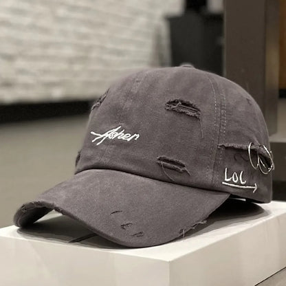 Unisex Asher Embroidery Broken Hole Iron Ring Baseball Caps