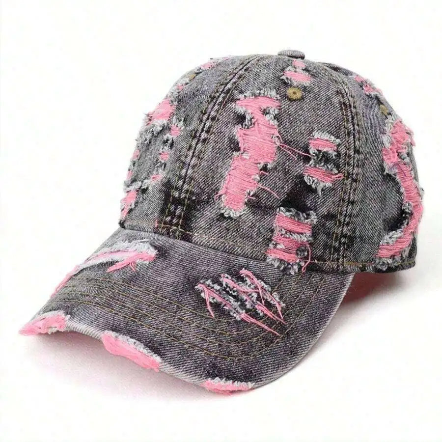Washed Frayed Denim Baseball Cap For Women Stylish Casual Hat