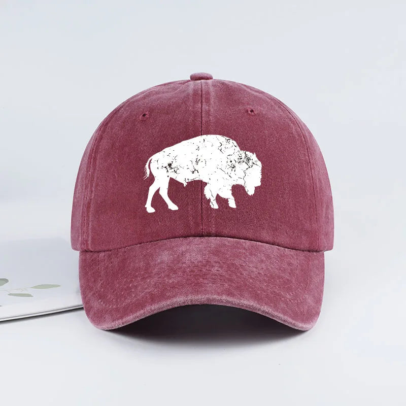 Vintage Distressed Bison Print Washed Baseball Cap