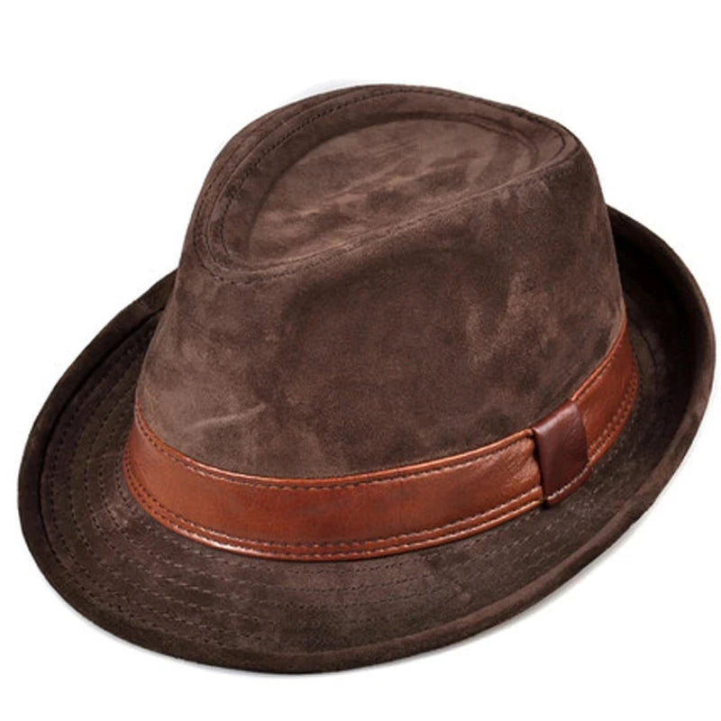 Men Genuine Leather Suede Cow Skin Nubuck Brown Fedoras Hats Women