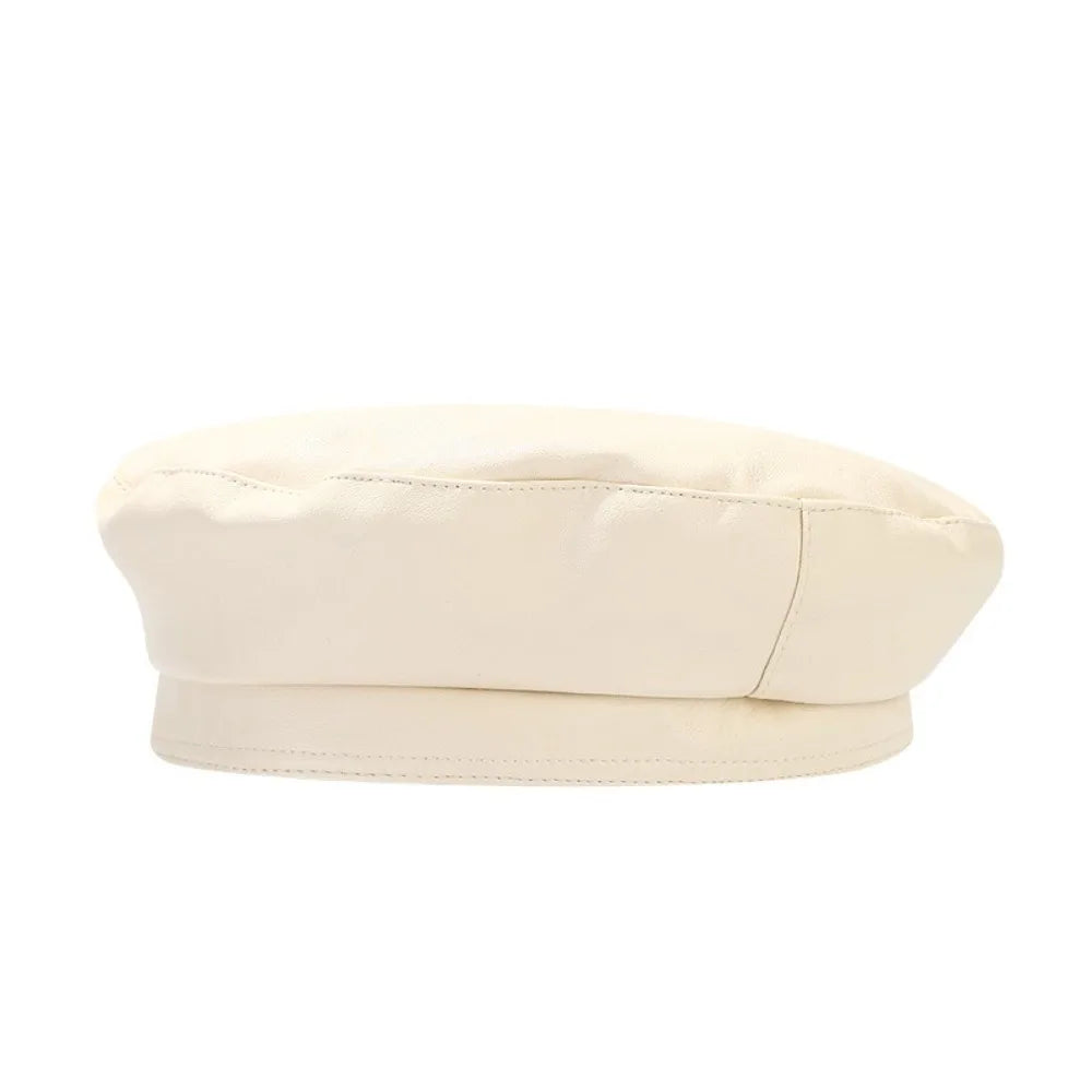 Fashionable PU Leather Pearl Bow Beret Solid Color British Style Artist Hat