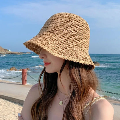 Breathable Straw Fisherman Hat Foldable Solid Color Bucket Hat Summer