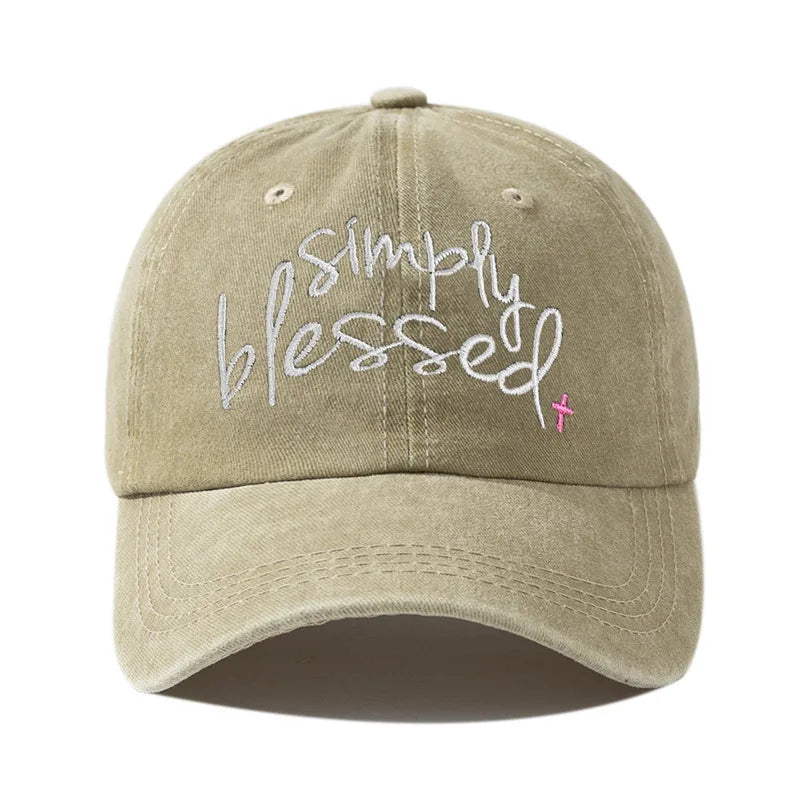 Simply Blessed Wide Brimmed Sunshade, Water Washed Embroidered English Letter Baseball Hat