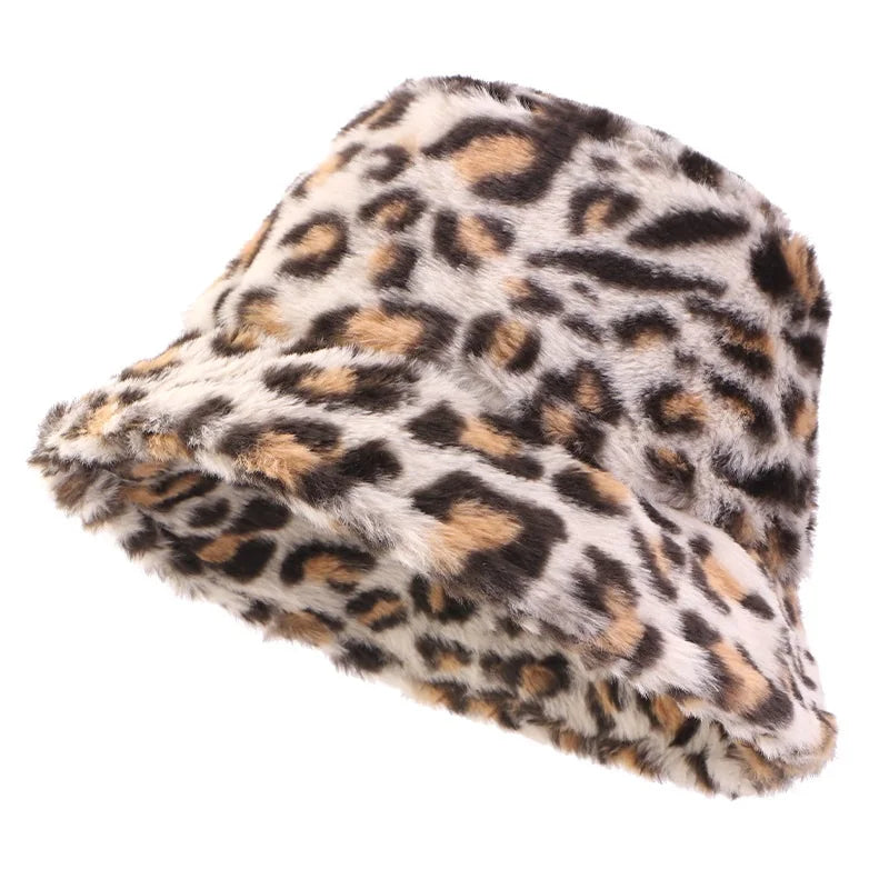 Autumn Winter Leopard Print Bucket Hat Thick Soft Warm Plush Fisherman Hat