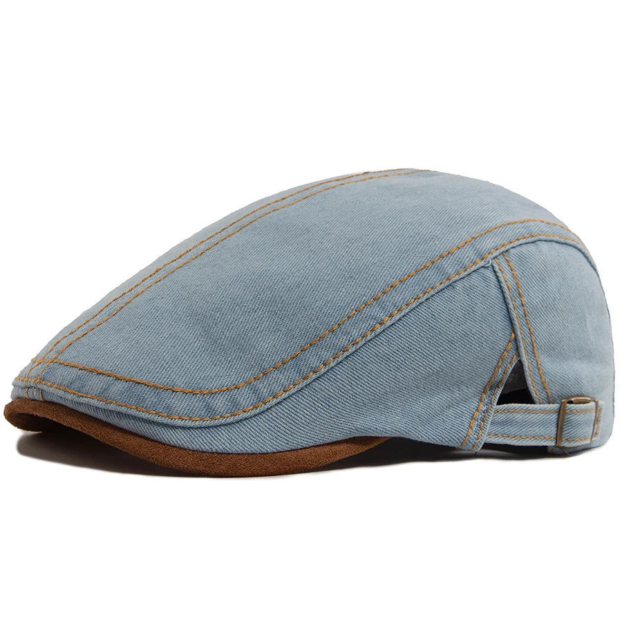 New Patchwork Brown Brim Denim Flat Hat Retro Men And Women