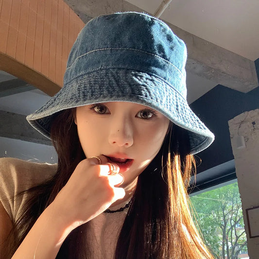 Solid Color Denim Bucket Hat Women Retro Washed