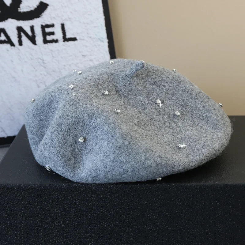 Luxury Rhinestone Wool Thick Berets For Women Autumn Winter Ladies Bling Beret