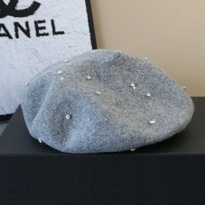 Luxury Rhinestone Wool Thick Berets For Women Autumn Winter Ladies Bling Beret