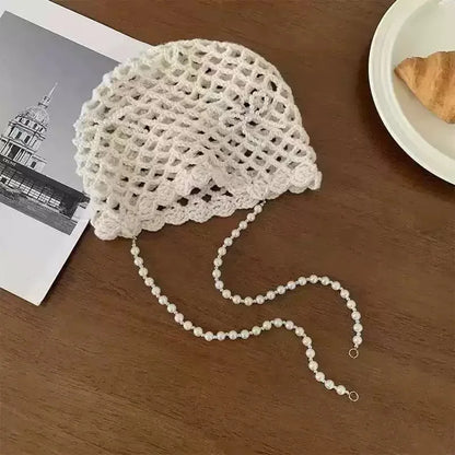 Pearl Bow Pendant Hollow Handmade Knitted Pullover Hat Street Korean