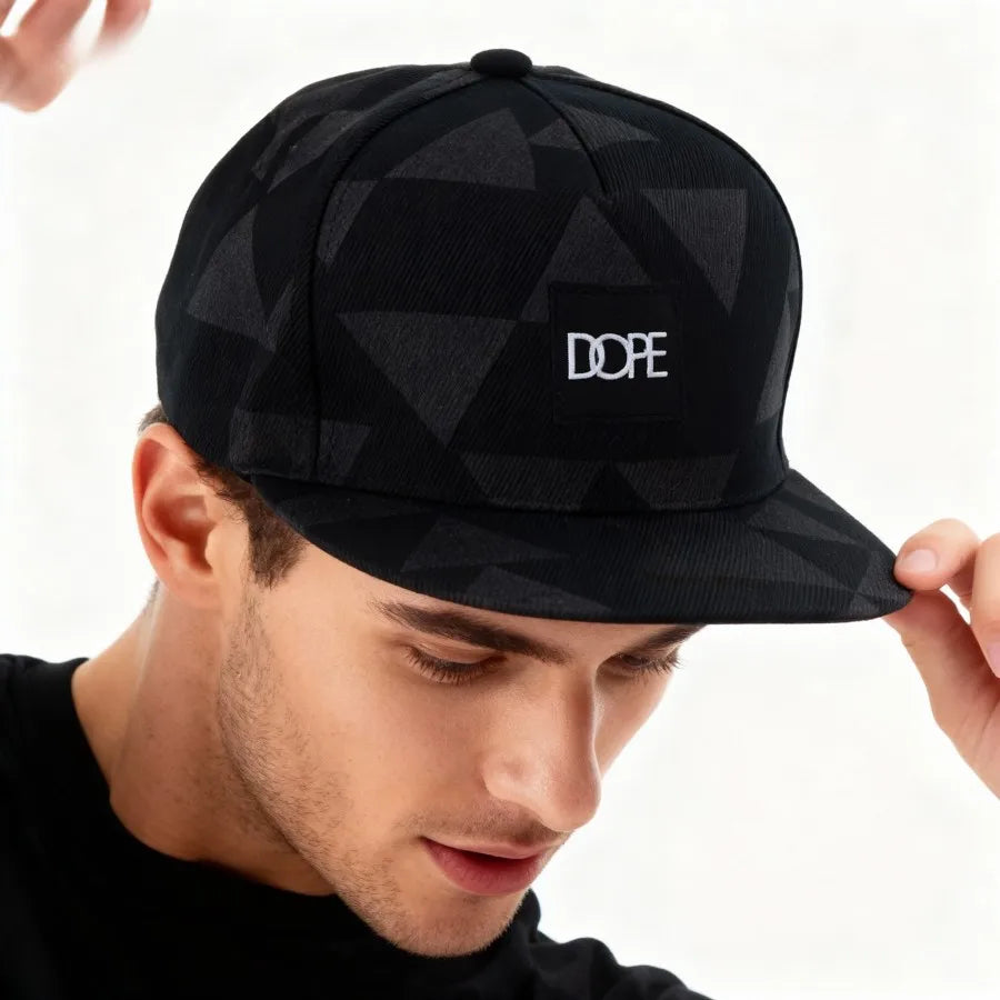 Black White Geometric Triangle Print Snapback Hat Flat Brim Hip Hop Adjustable Streetwear Sun Hat