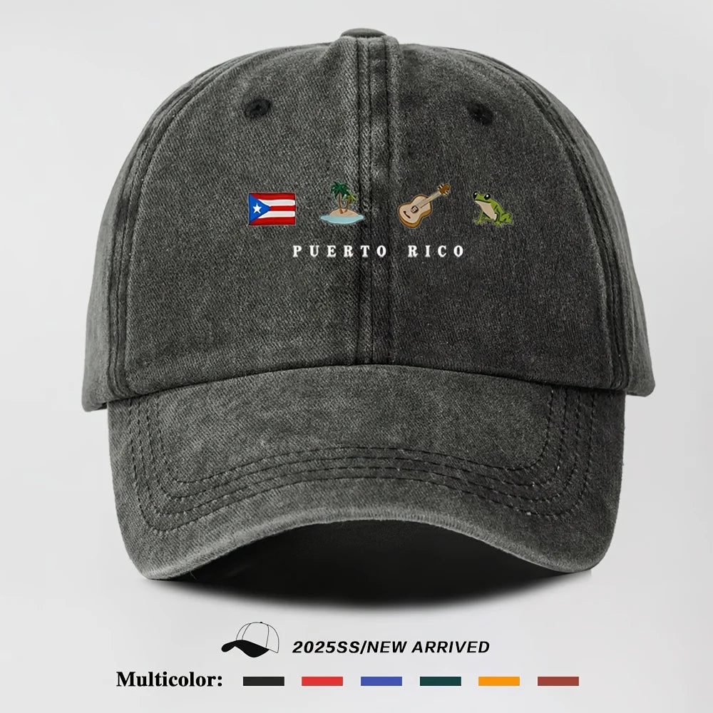 Men's Baseball Cap, Puerto Rico Flag Tropical Guitar & Frog Graphic