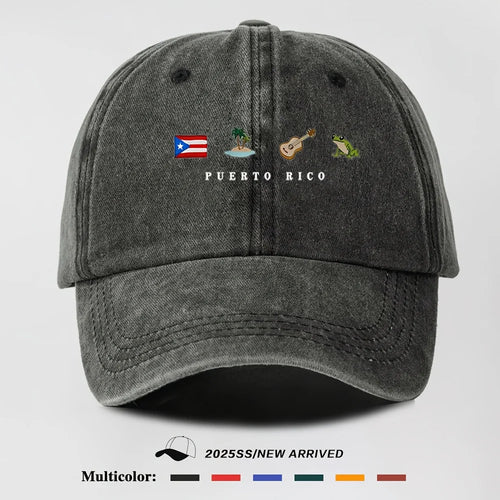 Men's Baseball Cap, Puerto Rico Flag Tropical Guitar & Frog Graphic