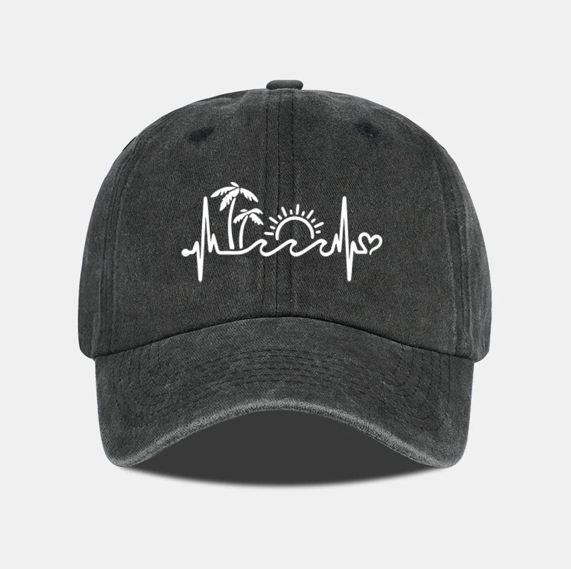 Vintage Washed Palm Tree Sunset Graphic Baseball Cap Adjustable Casual Hat For Daily Travel Beach