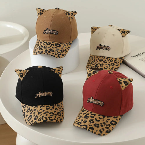 3-6Y Autumn Korean Kids Hat Cute Cat Ears Leopard Print Baseball Cap