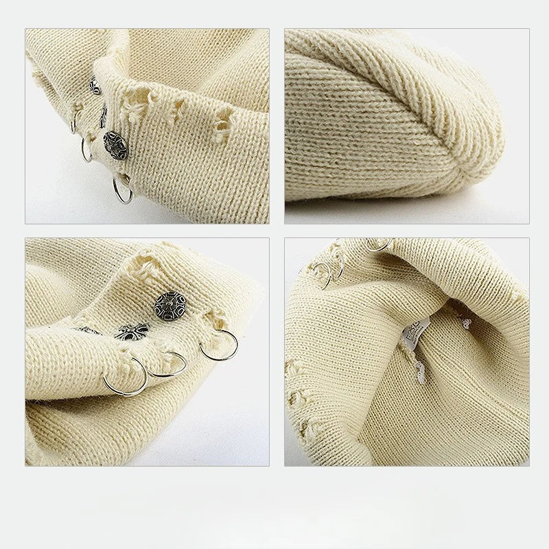Street Hip-Hop Retro Cross Ring Perforated Woolen Hat For Women
