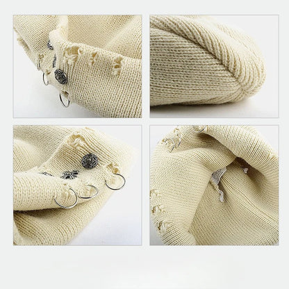 Street Hip-Hop Retro Cross Ring Perforated Woolen Hat For Women