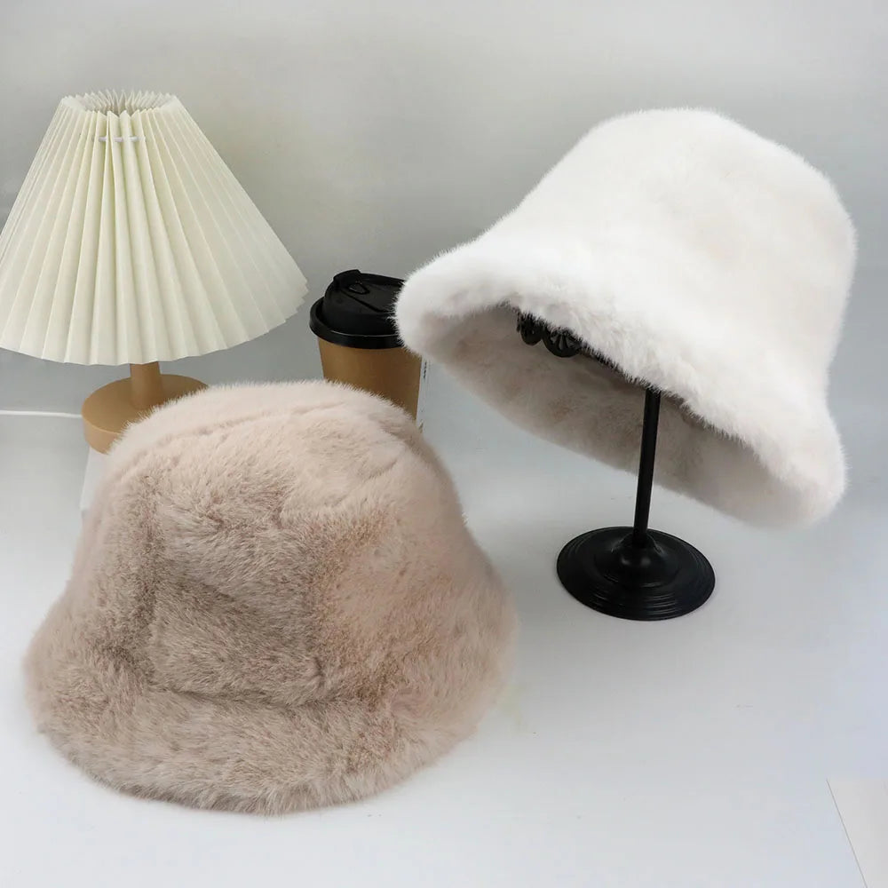 Fluffy Fur Fisherman Hat For Women Winter Cap Windproof Warm Female Bucket Hat