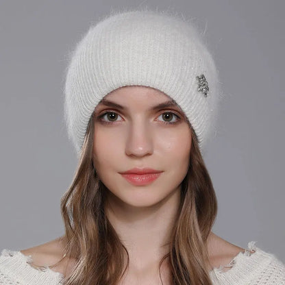 Women Winter Warm Fashion With Diamond Flower Beanies Knitted Angora Long Rabbit Fur Hats