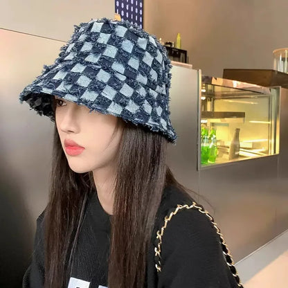 Hairy Checkered Denim Hat for Female Niche