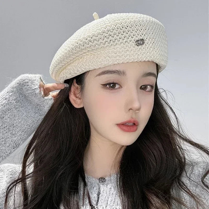 Women Fixed Pleated Paper Straw Beret Summer
