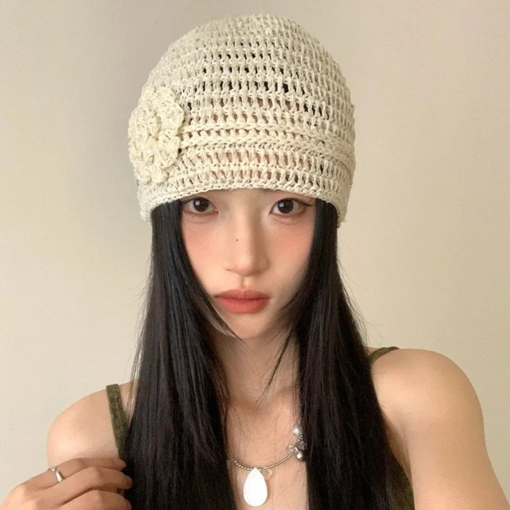 Y2k Style Flower Knitted Caps Hand-Woven Hollow Beanies Cap