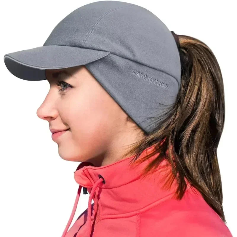 Women's Winter Reflective Fleece Ponytail Hat with Drop Down Ear Warmer Hat Baseball Cap