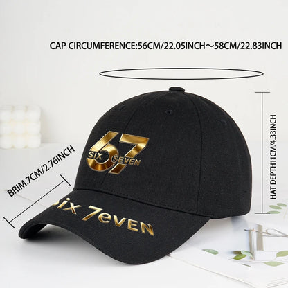 67 Six Seven Gold Letter Print Baseball Cap Adjustable Daily Wear Streetwear Hat For Trend Lovers