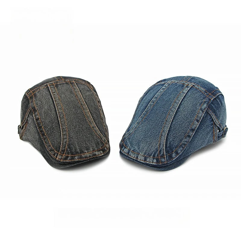 Solid Denim Ivy Cap Men Adjustable Buckle Flat Beret Hat