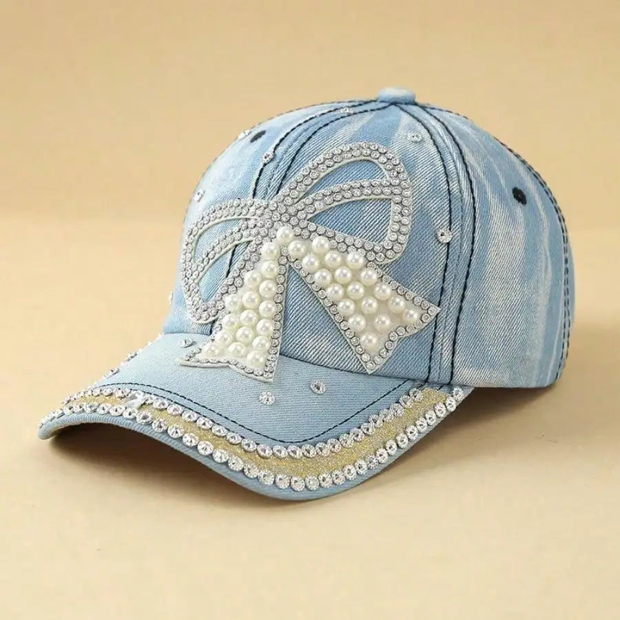 Bow Pearl Diamond Denim Baseball Cap, Spring And Summer