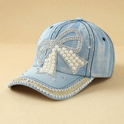 Bow Pearl Diamond Denim Baseball Cap, Spring And Summer