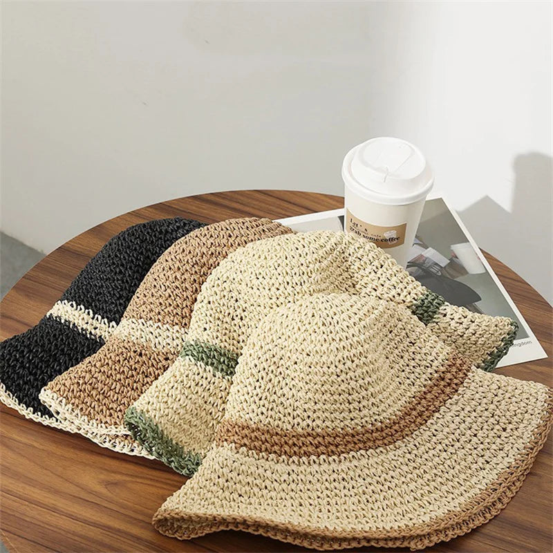 Fashion Wavy Brim Beach Straw Hat Summer Women Foldable Visor Bucket Hat
