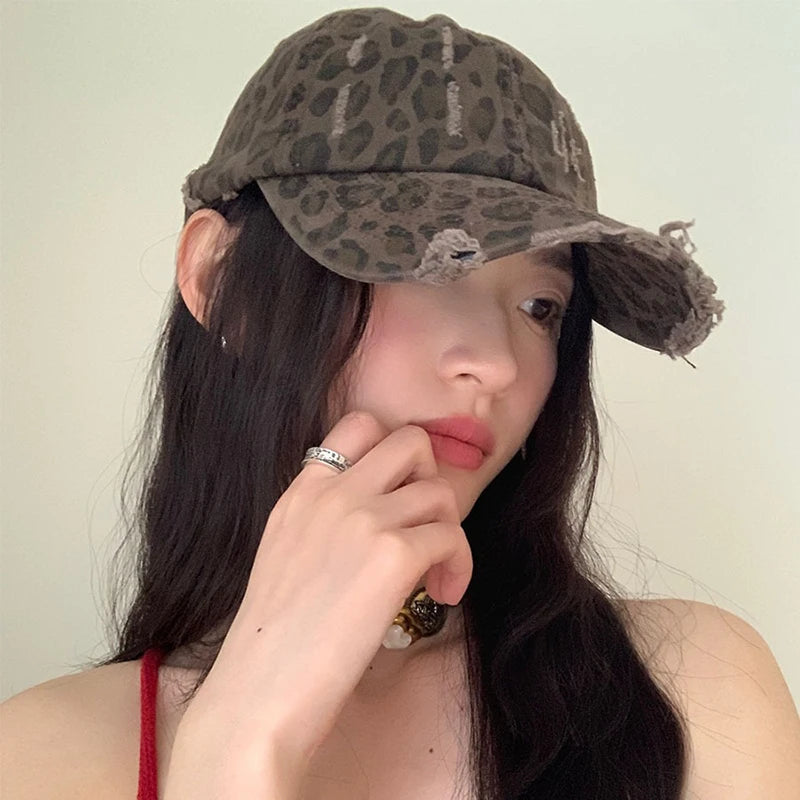 Women Leopard Baseball Cap Vintage Hip Hop Holes Snapback Duckbill Hats