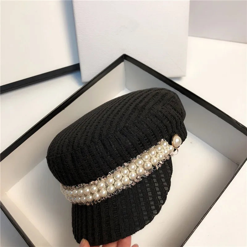 Pearl Lace Ribbon Leisure Lady Octagonal Hat