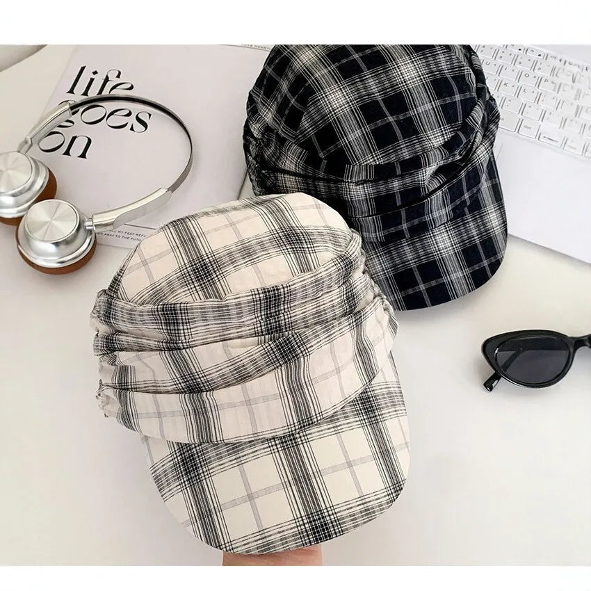Vintage Checkered Pleated Cap Women's