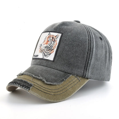 Vintage Denim Baseball Cap With Embroidery Animals