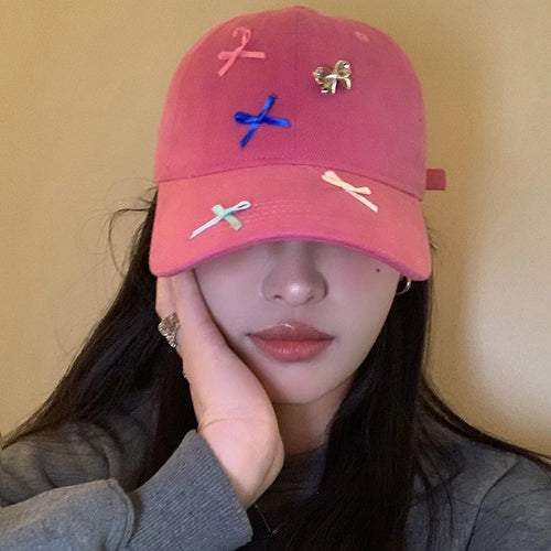 Women Bow Baseball Hat Y2k Shiny Rhinestone Duck Tongue Hats