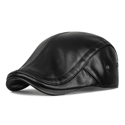 Men Retro Leather Newsboy Caps Autumn Winter Visor Beret Thicken Warm Hat