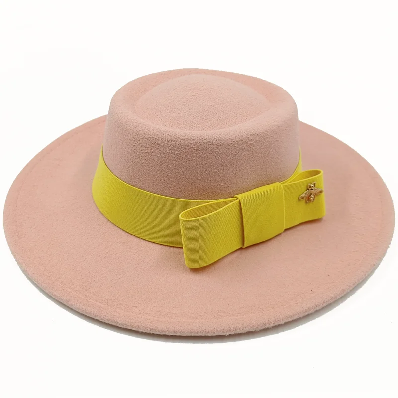 Bow Tie Fedora Hat Winter Round Bumpy Surface Flat Top
