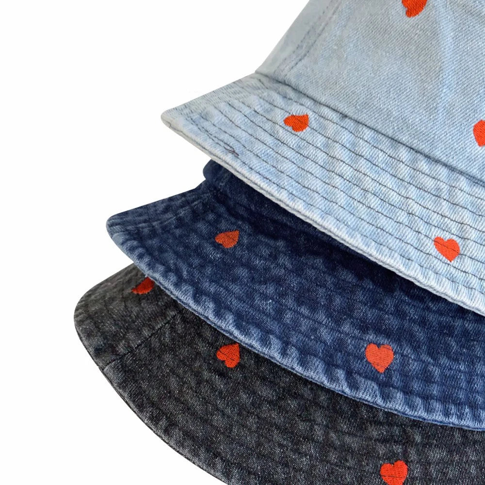 Emboridery Denim Bucket Hat Summer Travel Beach Sun Hats  for Women Men