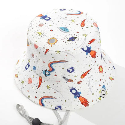 Kids Summer Sun Protection Cap Spaceship Planet Print Bucket Hat