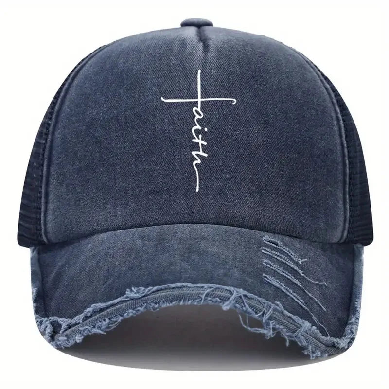 Sponge Washed Cotton Faith Print Baseball Cap Women Men Summer